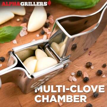Garlic Press Stainless Steel - Professional Garlic Mincer and Crusher with Silicone Peeler Dishwasher Safe