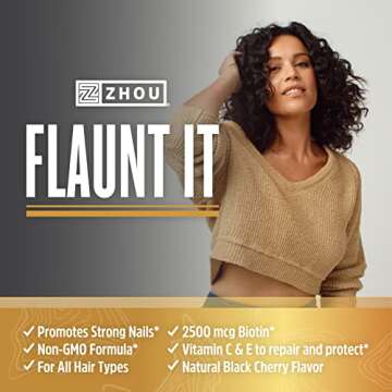 Zhou Nutrition Hairfluence Gummies, Premium Hair Growth Formula, Biotin, Keratin, Bamboo Extract, Vitamin E, Vitamin C, Vitamin A, Zinc, Gluten Free, 30 Servings, 90 Count