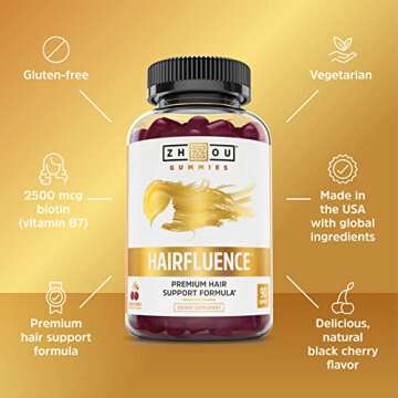 Zhou Nutrition Hairfluence Gummies, Premium Hair Growth Formula, Biotin, Keratin, Bamboo Extract, Vitamin E, Vitamin C, Vitamin A, Zinc, Gluten Free, 30 Servings, 90 Count