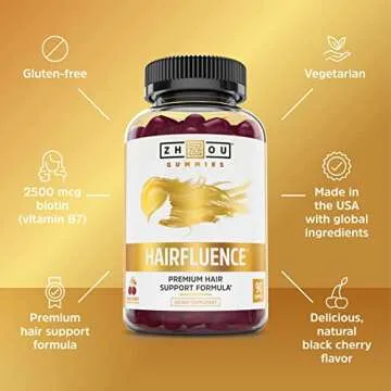 Zhou Nutrition Hairfluence Gummies, Premium Hair Growth Formula, Biotin, Keratin, Bamboo Extract, Vitamin E, Vitamin C, Vitamin A, Zinc, Gluten Free, 30 Servings, 90 Count