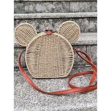 EXIGENT Kawaii Panda Rattan Straw Shoulder Crossbody Bag Purse Cute Women's Handbag (Straw_M)