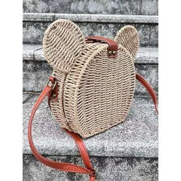 EXIGENT Kawaii Panda Rattan Straw Shoulder Crossbody Bag Purse Cute Women's Handbag (Straw_M)