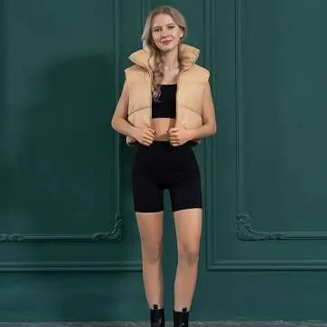 Shiyifa Women's Fashion High Neck Zipper Cropped Puffer Vest Jacket Coat (Khaki, Small)