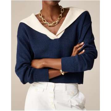 Women Sailor Collar Pullover Sweater Long Sleeves V-Neck Knit Ribbed Jumper Tops Navy