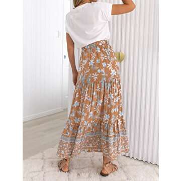 ZESICA Women's 2025 Summer Bohemian Floral Printed Elastic Waist A Line Maxi Skirt with Pockets