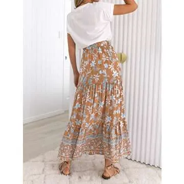 ZESICA Women's 2025 Summer Bohemian Floral Printed Elastic Waist A Line Maxi Skirt with Pockets