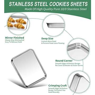 Baking Sheets Set of 2, HKJ Chef Cookie Sheets 2 Pieces Stainless Steel Baking Pans & Toaster Oven Tray Pans, Rectangle Size 9L x 7W x 1H inch & Non Toxic & Healthy & Easy Clean