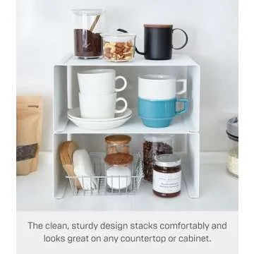 Yamazaki Home Tower Stackable Kitchen Rack Storage Organizer Counter Shelf, Large, White