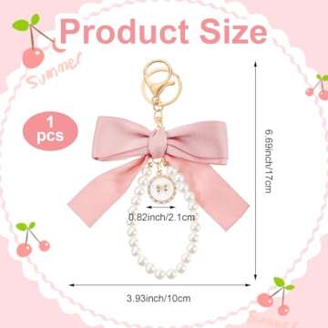 Teaaha Pink Bow Keychain Cute Pearl Keychains Coquette Beige Pearl Bow Aesthetic Key Chain Ring with...