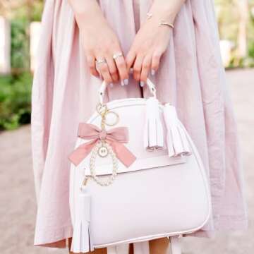 Teaaha Pink Bow Keychain Cute Pearl Keychains Coquette Beige Pearl Bow Aesthetic Key Chain Ring with Charms, Bowknot Keychain Wistlet Accessories for Car Keys Bag Purse Women