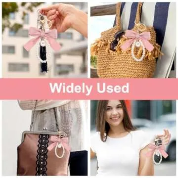 Teaaha Pink Bow Keychain Cute Pearl Keychains Coquette Beige Pearl Bow Aesthetic Key Chain Ring with Charms, Bowknot Keychain Wistlet Accessories for Car Keys Bag Purse Women