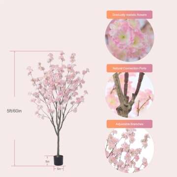 Nafresh Tall Artificial Cherry Blossom Tree 5Ft(60”), Realistic Potted Silk Faux Cherry Blossom Tree, Fake Cherry Blossom Tree Indoor Outdoor for Home Office Living Room Bedroom Porch Floor Decor.