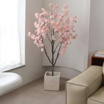 Nafresh Tall Artificial Cherry Blossom Tree 5Ft(60”), Realistic Potted Silk Faux Cherry Blossom Tree, Fake Cherry Blossom Tree Indoor Outdoor for Home Office Living Room Bedroom Porch Floor Decor.