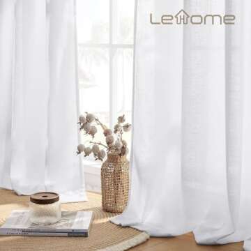 Lehome Linen Cotton Semi Sheer Curtains 84 Inches Long 2 Panels, Extra Wide White Sheer Curtain Panel Drapes 84 Length, Modern Stylish Two Pages Window Curtains for Living Room Bedroom Office