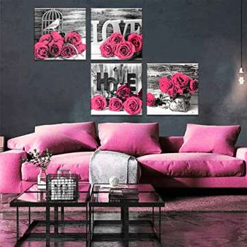 Pink Wall Decor Bedroom Wall Art Rose Flower Pictures Artwork 12x12 Retro Gray Love Floral Couples C...