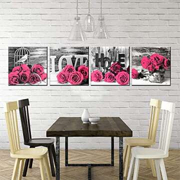 Pink Wall Decor Bedroom Wall Art Rose Flower Pictures Artwork 12x12 Retro Gray Love Floral Couples Canvas Prints Painting Modern Office Spa Bathroom Living Room Home Decoration Accessories 4Pcs/Sets