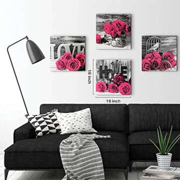 Pink Wall Decor Bedroom Wall Art Rose Flower Pictures Artwork 12x12 Retro Gray Love Floral Couples Canvas Prints Painting Modern Office Spa Bathroom Living Room Home Decoration Accessories 4Pcs/Sets