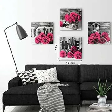 Pink Wall Decor Bedroom Wall Art Rose Flower Pictures Artwork 12x12 Retro Gray Love Floral Couples Canvas Prints Painting Modern Office Spa Bathroom Living Room Home Decoration Accessories 4Pcs/Sets