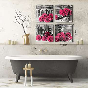 Pink Wall Decor Bedroom Wall Art Rose Flower Pictures Artwork 12x12 Retro Gray Love Floral Couples Canvas Prints Painting Modern Office Spa Bathroom Living Room Home Decoration Accessories 4Pcs/Sets