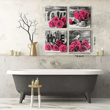 Pink Wall Decor Bedroom Wall Art Rose Flower Pictures Artwork 12x12 Retro Gray Love Floral Couples Canvas Prints Painting Modern Office Spa Bathroom Living Room Home Decoration Accessories 4Pcs/Sets