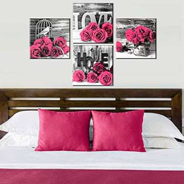Pink Wall Decor Bedroom Wall Art Rose Flower Pictures Artwork 12x12 Retro Gray Love Floral Couples Canvas Prints Painting Modern Office Spa Bathroom Living Room Home Decoration Accessories 4Pcs/Sets