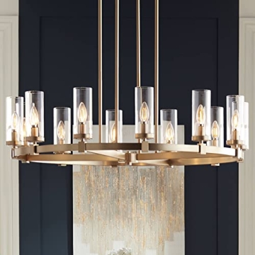 Stiffel Aron Brass Gold Wagon Wheel Chandelier 36" Wide Modern Clear Glass Cylinder Shade 12-Light F...