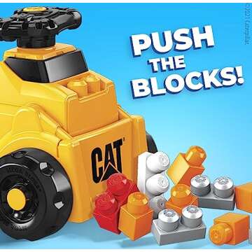 MEGA BLOKS First Builders Cat Toddler Building Blocks Toy Set, Build ‘n Play Ride-On with 11 Pieces and Storage, Yellow, Ages 1+ Years