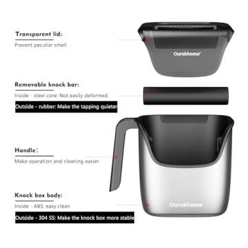 Ourokhome Knock Box Espresso Accessories, The Latest Patented Stainless Steel Espresso Machine Tool for Coffee Ground with Removable Knock Bar, Handle and Lid, Dishwasher safe, 4.8 inch