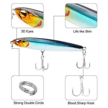 Fishing Lures Fishing Pencil Lure Slow Sinking Hard Bait Pencil Popper Lifelike Bass Fishing Lure for Saltwater and Freshwater,8pcs