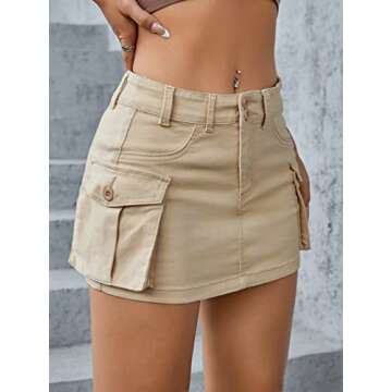 MakeMeChic Women's Denim Skirt Y2K Flap Pocket Denim Skort Low Rise Mini Jean Skirt Khaki M