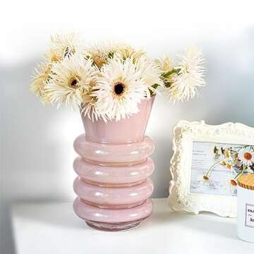 8 Inch Glass Flower Vases for Centerpiece,Thickened Pink Glass Vase for Flowers,Table Home Indoor Desk Decor,Ins Modern Boho Style Vase for Wedding Housewarming Gift Office Accent