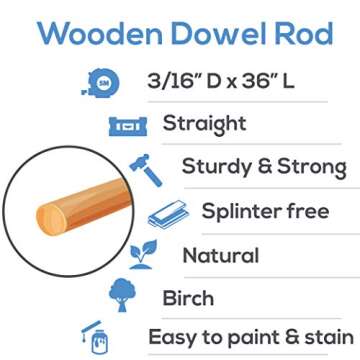 Wooden Dowel Rod, 3/16 Inch x 36 Inch Wood Dowels, Pack of 100 Wooden Dowels for Crafts, Unfinished Hardwood Wooden Dowels Rods, Strong Wood Rod Dowels for Crafting and DIYers