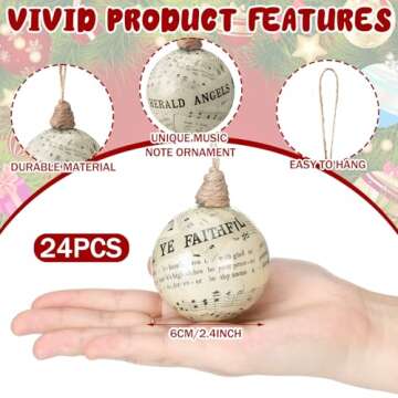 Daifunli 24 Pcs Vintage Music Notes Ornament 2.36'' Musical Christmas Balls Christmas Party Decorations Christmas Hymnal Ornaments Music Themed Hanging Ornaments Musical Notes Christmas Ornament Gift