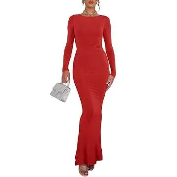 REORIA Womens Sexy V Backless Soft Lounge Long Dress Fall Wedding Guest Casual Going Out Boat Neck Long Sleeve Ribbed Bodycon Maxi Dresses Red Small