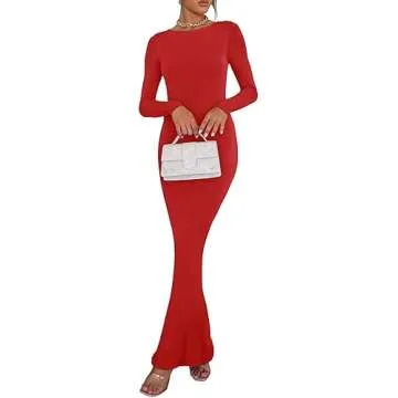 REORIA Womens Sexy V Backless Soft Lounge Long Dress Fall Wedding Guest Casual Going Out Boat Neck Long Sleeve Ribbed Bodycon Maxi Dresses Red Small