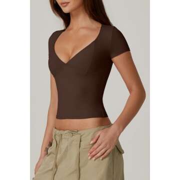 QINSEN Crop Tops for Women V Neck Short Sleeve T Shirts Summer Y2K Going Out Top, Coffee Bean X-Small