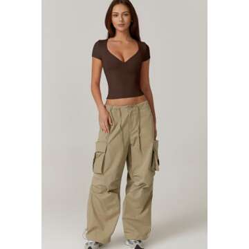 QINSEN Crop Tops for Women V Neck Short Sleeve T Shirts Summer Y2K Going Out Top, Coffee Bean X-Small