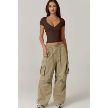 QINSEN Crop Tops for Women V Neck Short Sleeve T Shirts Summer Y2K Going Out Top, Coffee Bean X-Small