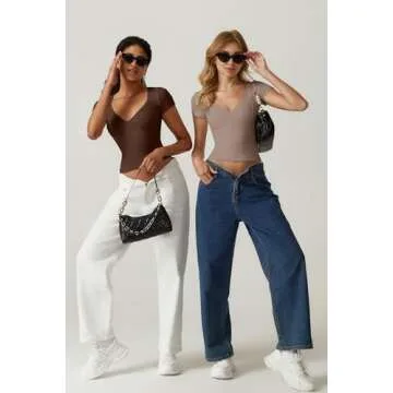QINSEN Crop Tops for Women V Neck Short Sleeve T Shirts Summer Y2K Going Out Top, Coffee Bean X-Small