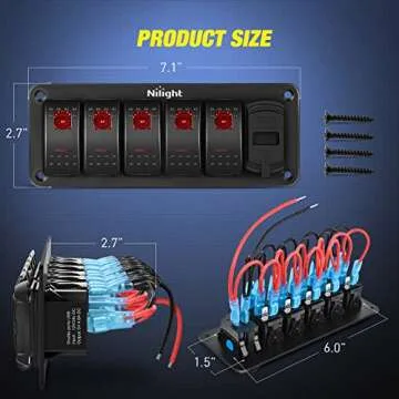 Nilight 5 Gang Rocker Switch Panel Red Backlit with 4.8 Amp Dual USB Charger Voltmeter Waterproof 12...