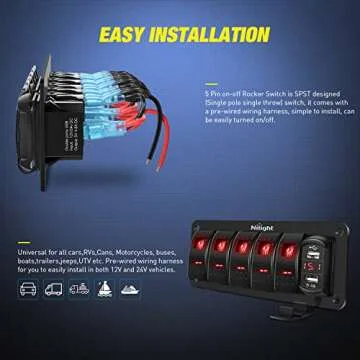 Nilight 5 Gang Rocker Switch Panel with Dual USB Charger