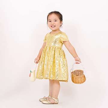 Sequin Princess Dress Toddler Girls Birthday Dresses Glitter Wedding Party Gown for Little Kids Summer Short Sleeve A Line Midi Dress Pageant Gold 01 5-6T