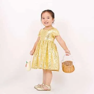 Sequin Princess Dress Toddler Girls Birthday Dresses Glitter Wedding Party Gown for Little Kids Summer Short Sleeve A Line Midi Dress Pageant Gold 01 5-6T