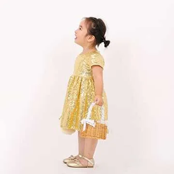 Sequin Princess Dress Toddler Girls Birthday Dresses Glitter Wedding Party Gown for Little Kids Summer Short Sleeve A Line Midi Dress Pageant Gold 01 5-6T