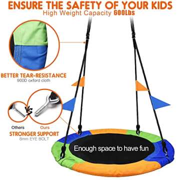PACEARTH 40 Inch Saucer Tree Swing Flying 900lb Weight Capacity 2 Added Hanging Straps Adjustable Multi-Strand Ropes Colorful Safe and Durable Swing Seat for Children