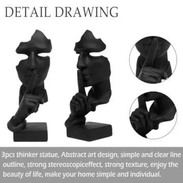 aboxoo 3 Pcs Thinker Statue, Silence is Gold Abstract Art Figurine,No Hear No See No Speak,Modern Resin Sculptures Decorative Objects Home Decor for Living Room,Office Bookshelf,Desktop(Black)