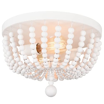 ALICE HOUSE 14.1" Flush Mount Light, White Wood Bead Chandelier, 2 Light Ceiling Light for Bedroom, Hallway, Foyer, ETL Listed, AL9031-S2