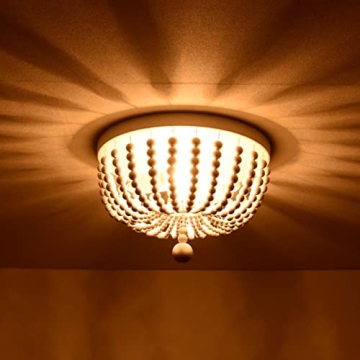 ALICE HOUSE 14.1" Flush Mount Light, White Wood Bead Chandelier, 2 Light Ceiling Light for Bedroom, Hallway, Foyer, ETL Listed, AL9031-S2