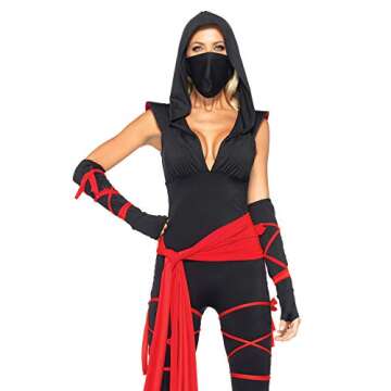 Leg Avenue Women's 5pc. Deadly Ninja,Catsuit,Waist Sash,arm Warmers,mask,Leg Wraps, Black/Red, Medium