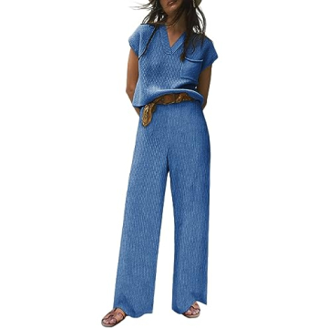 EVALESS Lounge Sets for Women Fall Two Piece Outfits Sleeveless V Neck Knit Pullover Tops and Wide Leg Pants Sweaters Sets
